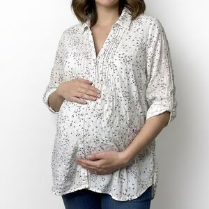 Motherhood‎ Maternity White Black Blouse Print Roll Tab Sleeve Tunic Top L FLAW